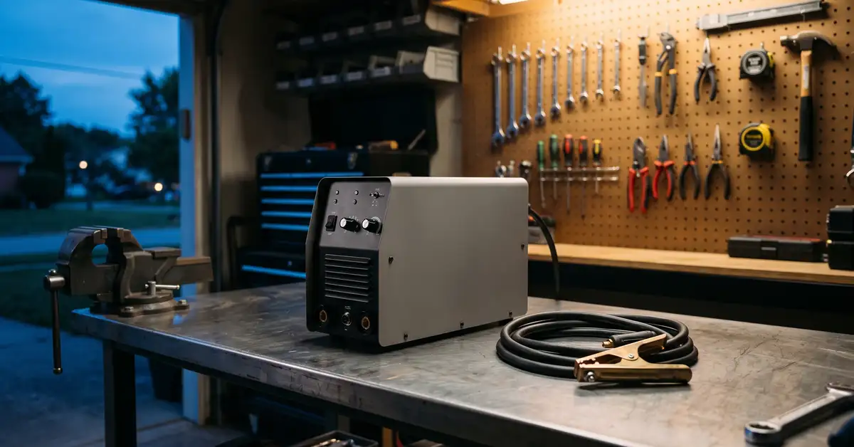 A tidy home workshop at dusk: a compact gray welder with its cover closed sits on a steel bench, with a coiled cable and ground clamp beside it.